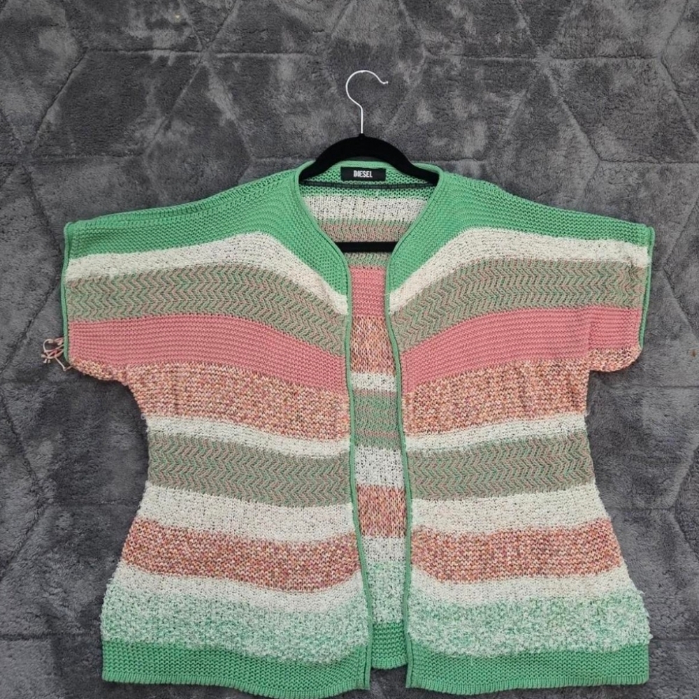 Diesel Striped Open-Front Knit Cardigan in Mint Pink Festival Western Boho Y2K - Picture 4 of 8
